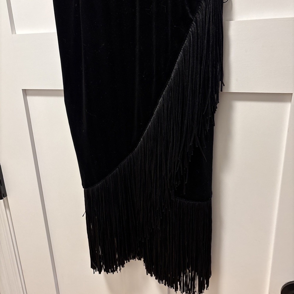 Lulus All Glam Black‎ Velvet Fringe Faux Wrap Cocktail Dress Sz XS - Picture 2 of 5